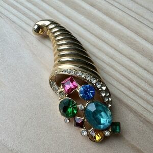 VTG 1940s Cornucopia Brooch Pin 2.75" Multicolor Crystal Rhinestones Gold Plated